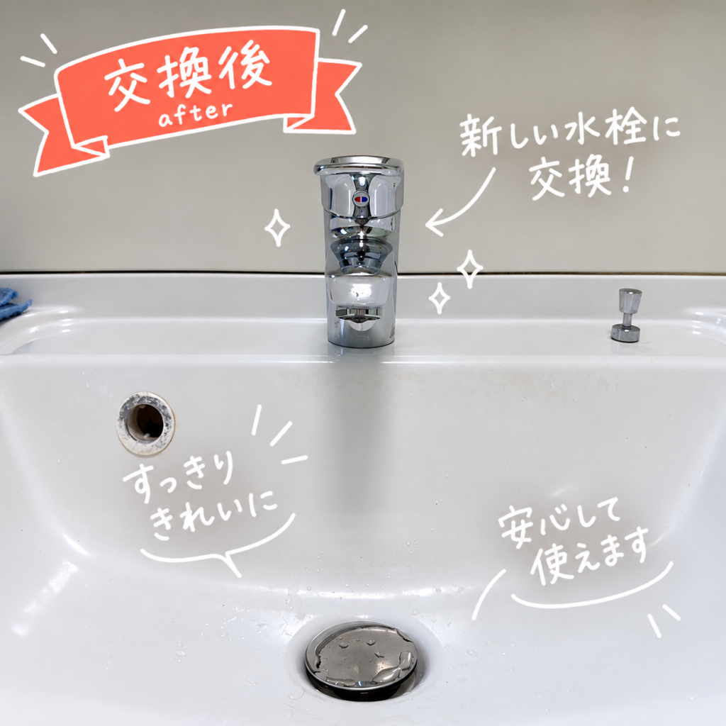 「新しい水栓に交換！」 「すっきり取り付け」 「洗面台の水栓交換が完了」