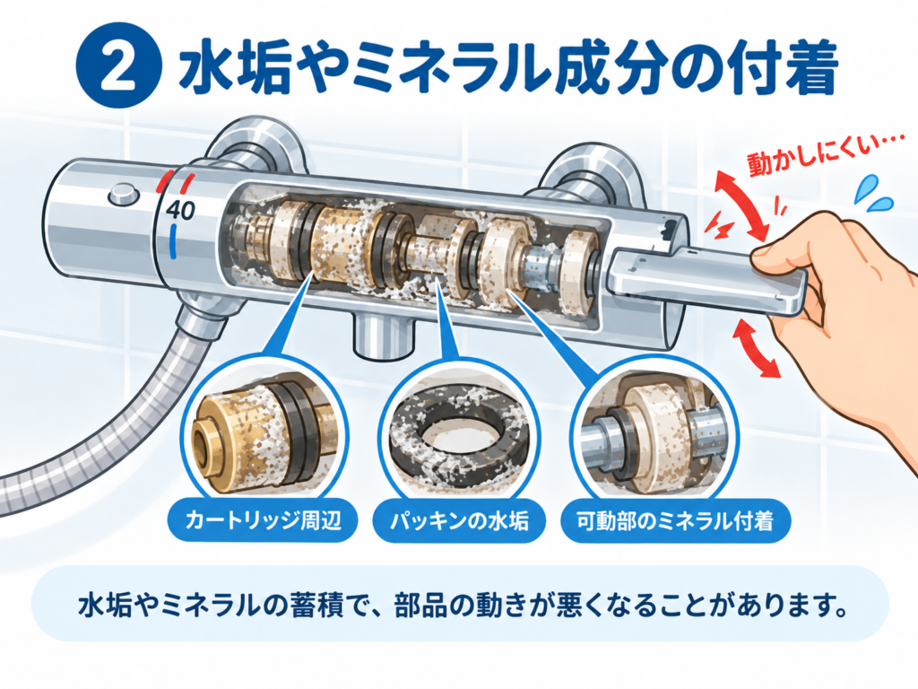 ②水垢やミネラル成分の付着