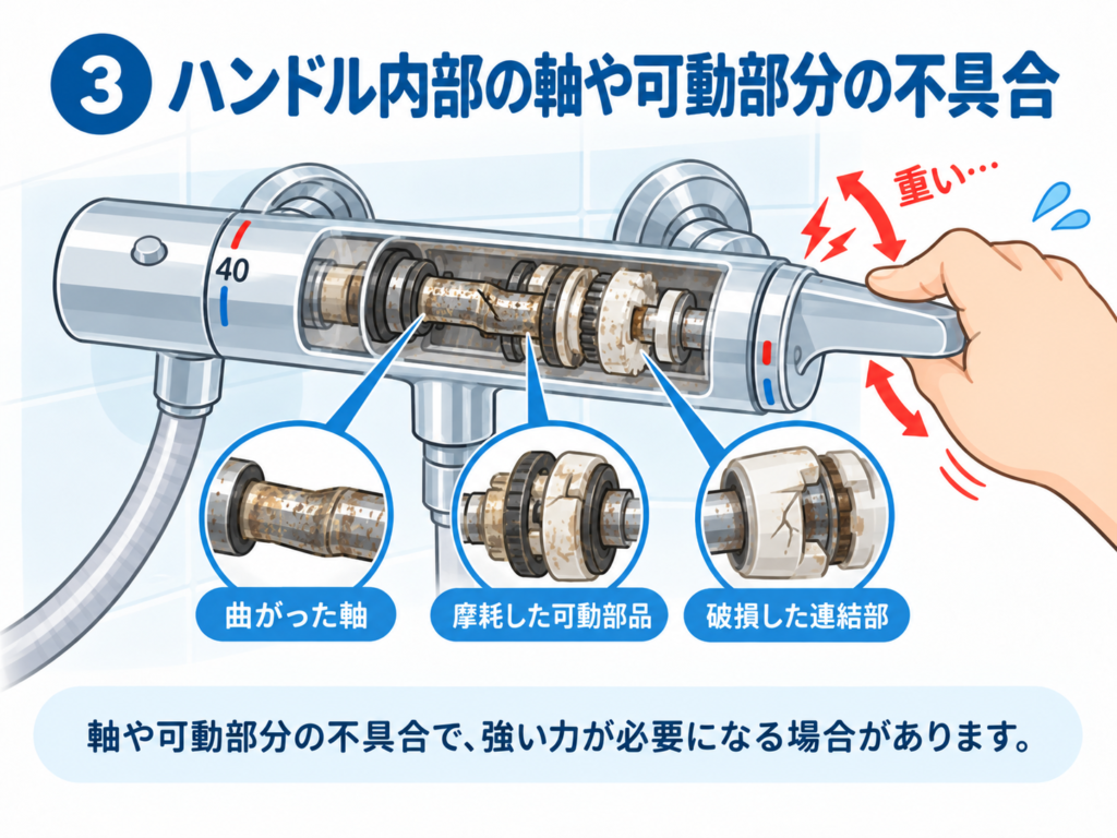 ③ ハンドル内部の軸や可動部分の不具合