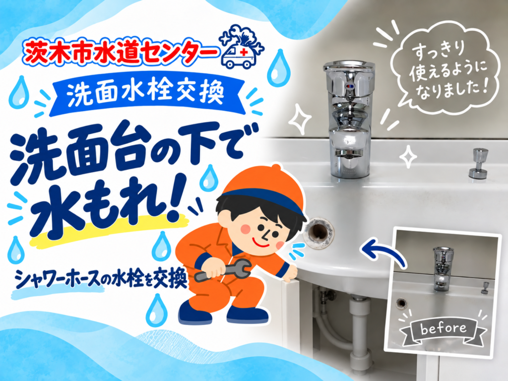 洗面台の下を点検する茨木市水道センター